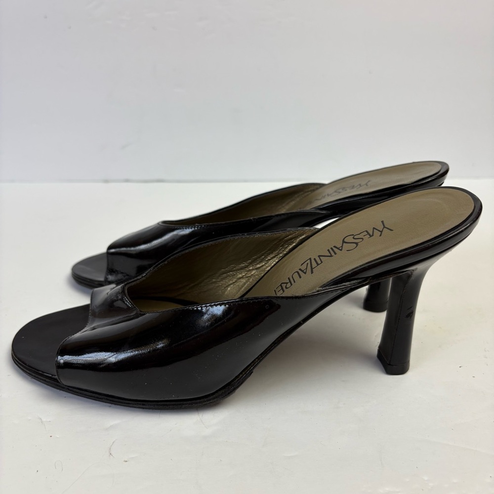 Vintage YSL Yves Saint Laurent Patent Black Heeled Mules Open Toe Heels Womens 8